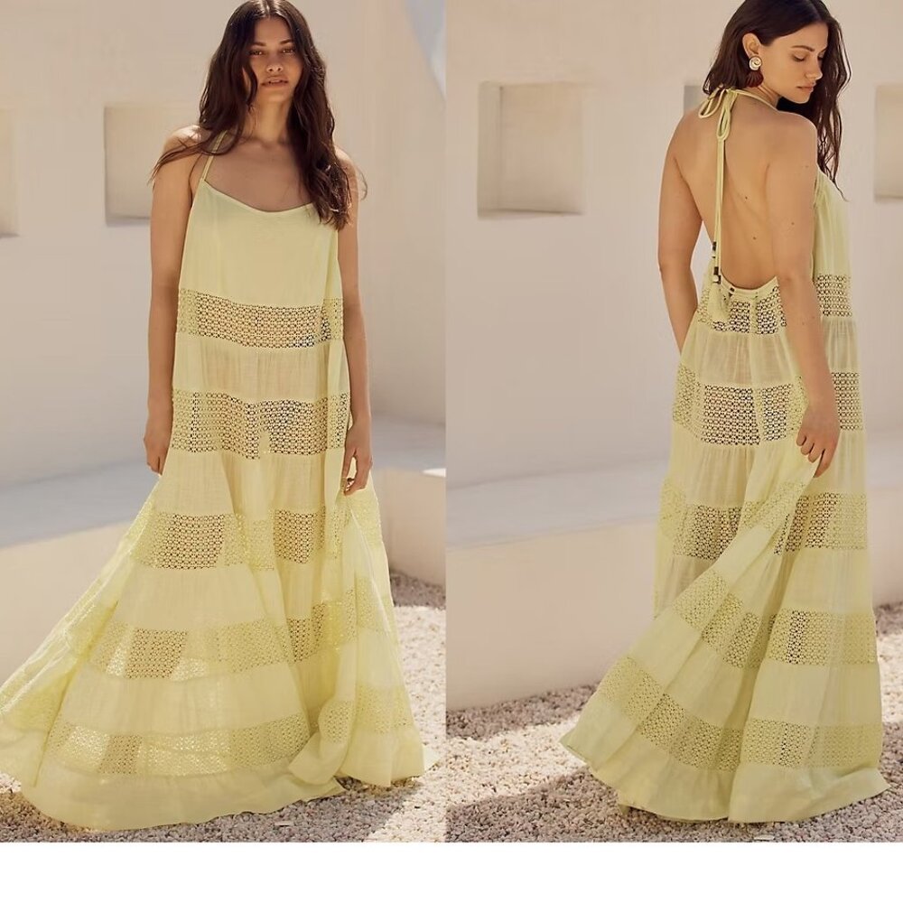 By Anthropologie Sheer Lace Tiered Midi Dress XL new with tag YELLOW - Picture 1 of 9